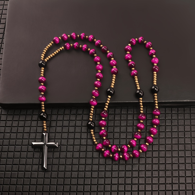 Blue Tiger Eye Cross Pendant Necklace, Unisex